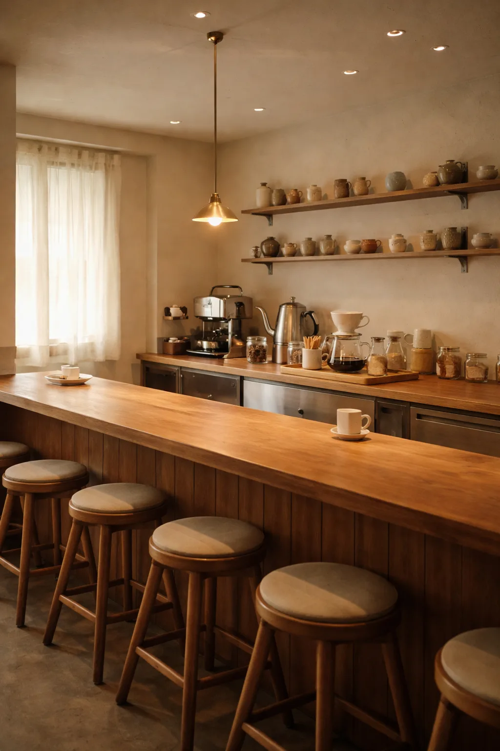 Café Hinataの木のカウンター